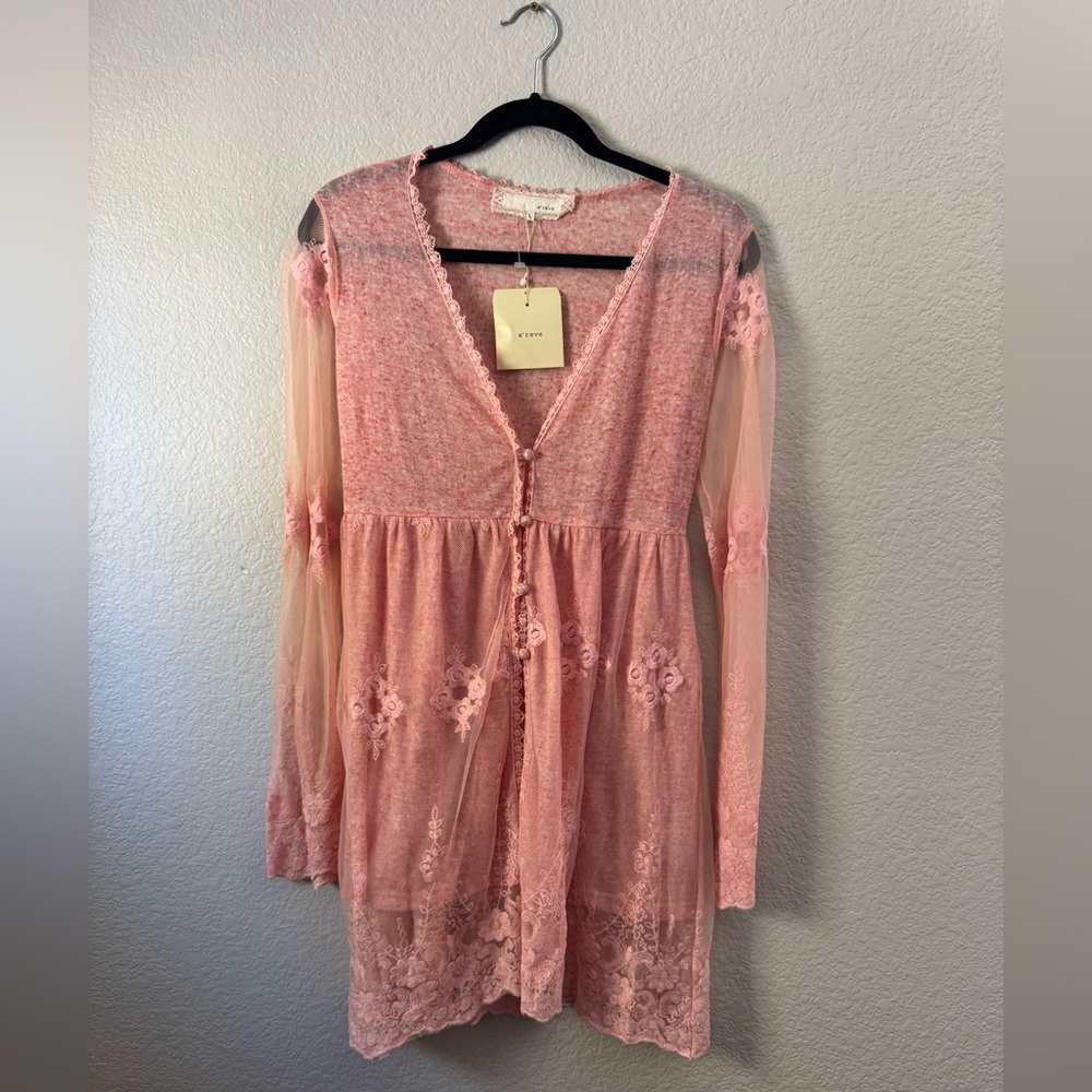 A’Reve Lace Long Sleeve Pink Button Tie Cardigan